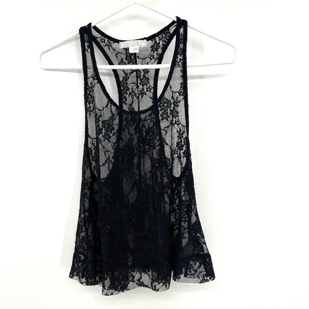 Forever 21 Black Sheer Lace Racerback Crop Tank Women's Medium